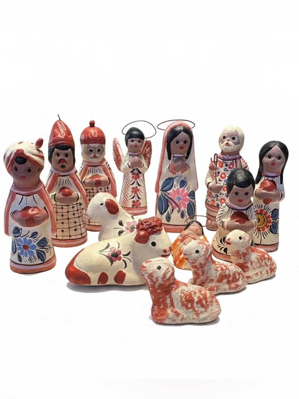 VTG Nativity Set 12pc Tonala Palomares Clay Mexican Folk Art Barro Mate Flor de